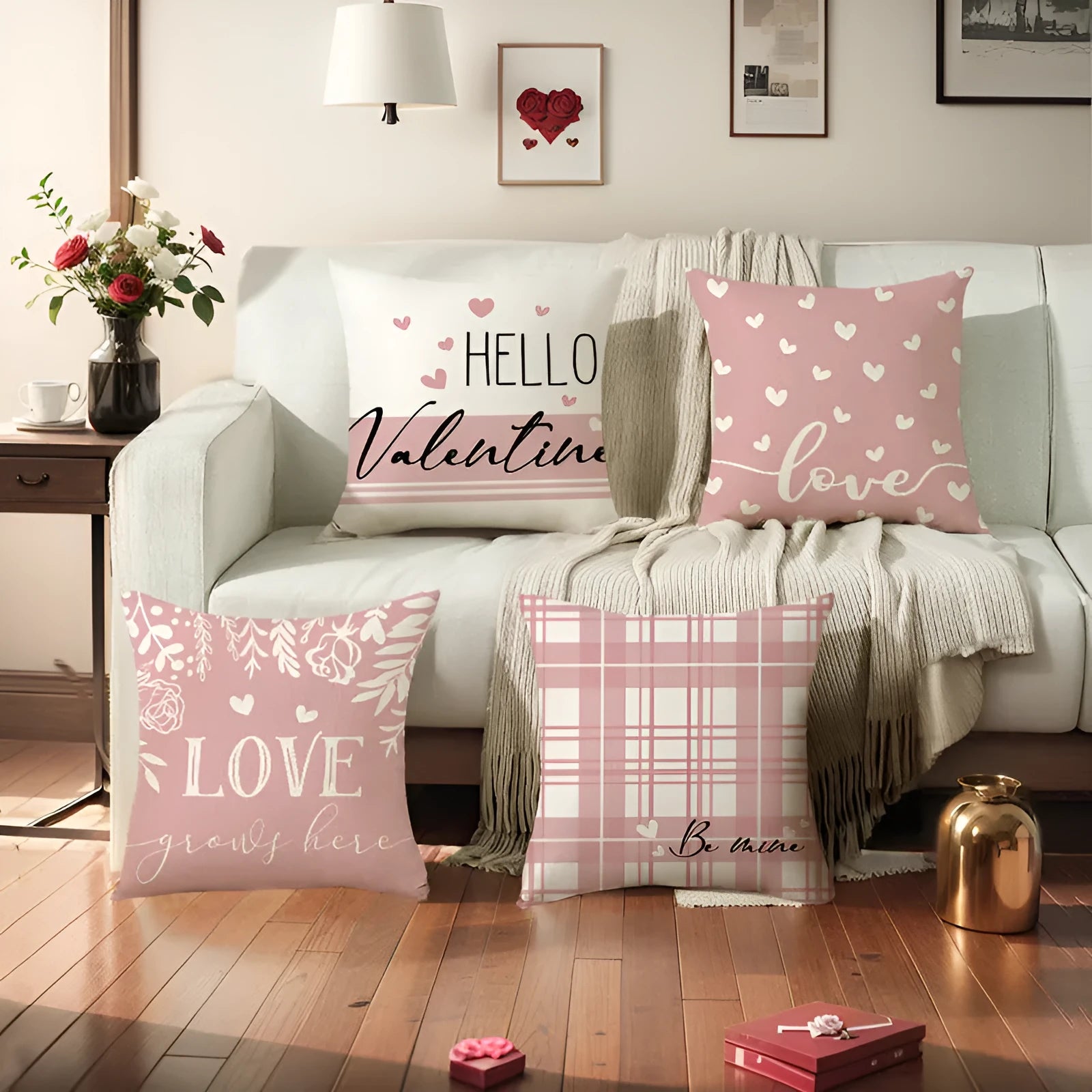 Plaid and heart print decorative pillow cover for Valentine's Day, shown in assorted colours.