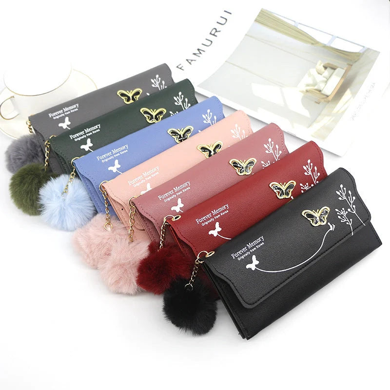 Ladies PU leather long hair ball bow purse with magnetic buckle in various colours
