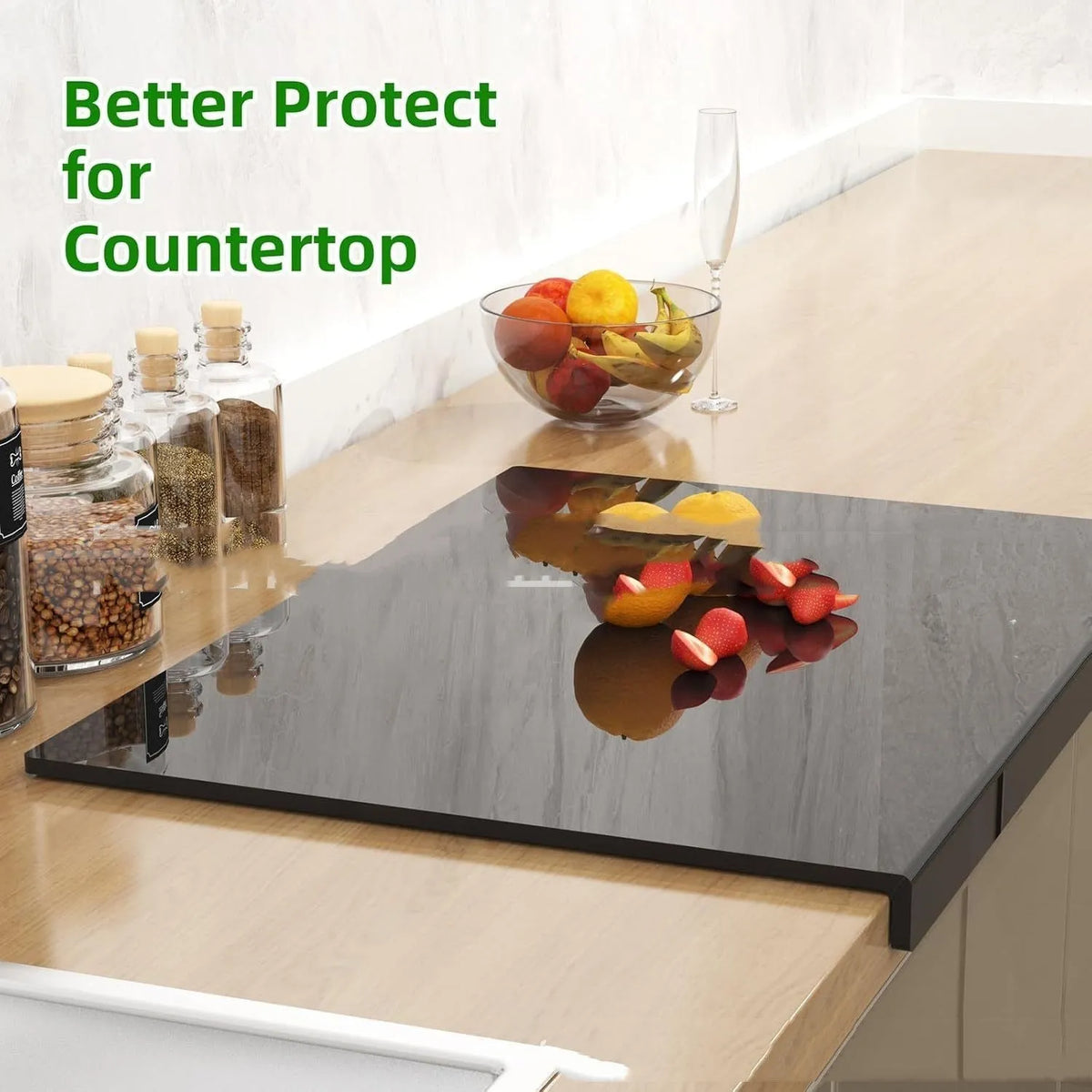 Black transparent acrylic chopping board on a kitchen worktop, available in three sizes up to 45x32cm