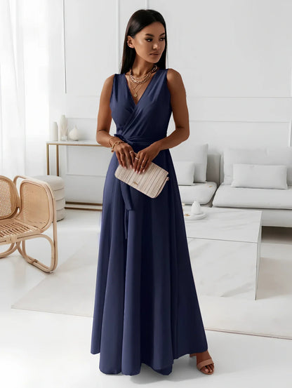 Women’s V-neck sleeveless maxi dress in navy blue with mid-waist belt, polyester fabric, length 144cm size M for party wear