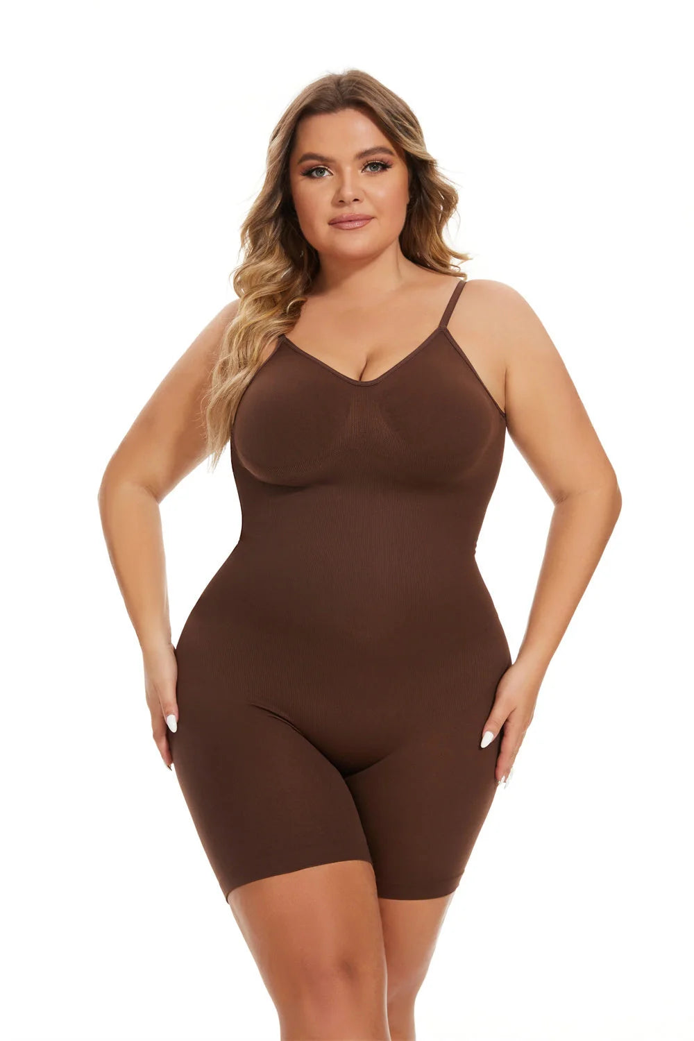 Waist-fitted jumpsuit in black, beige, and brown with belly control and hip-lift design