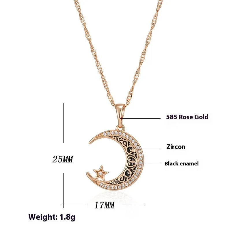 Rose gold star moon pendant necklace with enamel and zircon on adjustable water wave chain