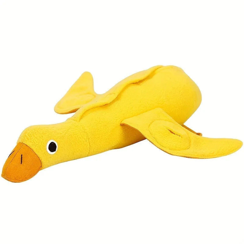 Yellow teddy dog toy with duck doll attachment for training with sounds and food leaks