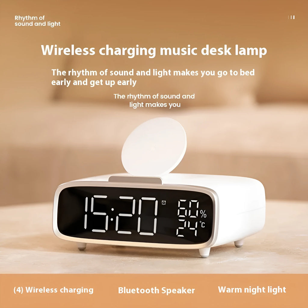 White round Bluetooth speaker wireless charger with night light function on bedside table