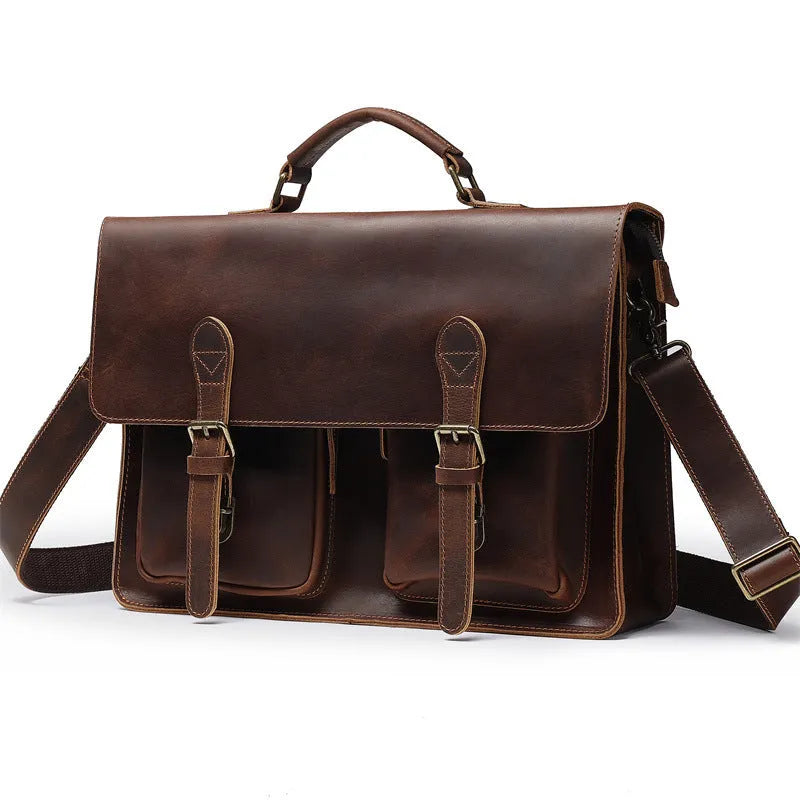 First layer cowhide leather computer crossbody bag in dark brown with visible sewing lines