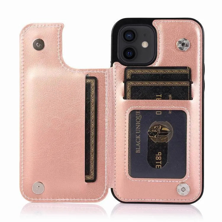 Crazy horse pattern double buckle bracket holster phone case for iPhone 13 Pro Max in brown colour