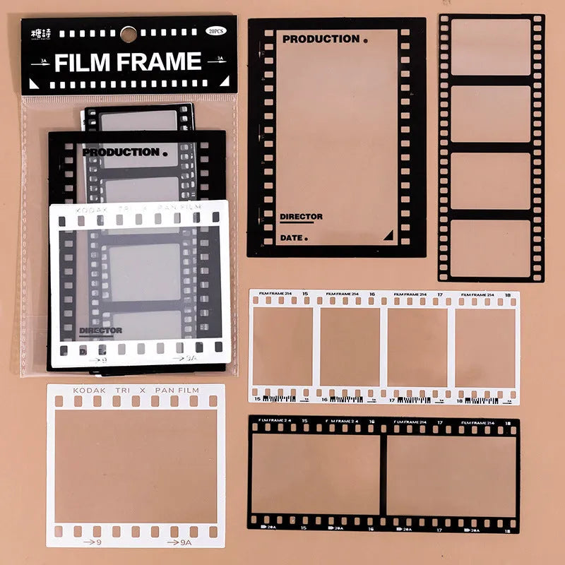 Frame Series retro decorative sticker sheets showing photography, film, magazine, music, social and transparent frame designs