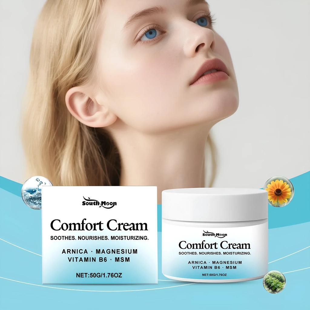 A small square 50g jar of Comfortable Moisturising Cream for hydrating and softening skin.