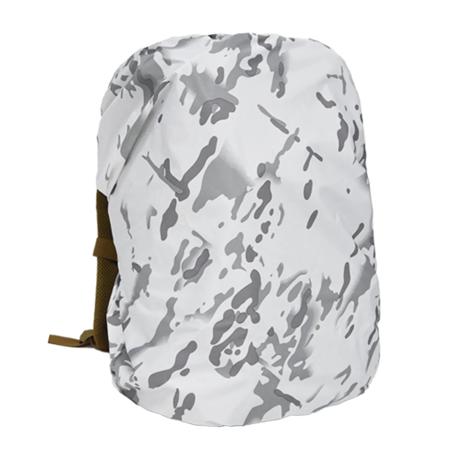 Army green PU backpack rain cover shown fitted over a large backpack for outdoor use.