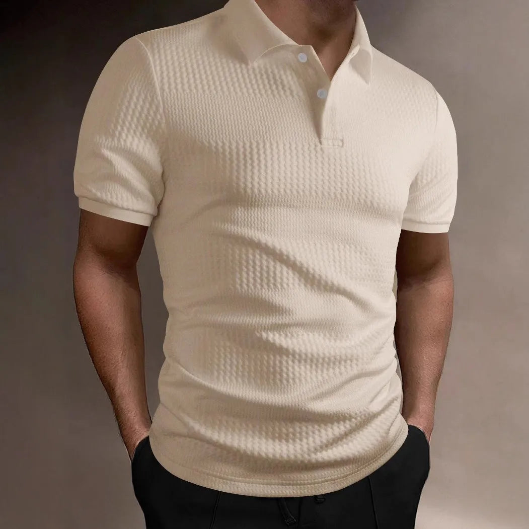 Men's loose striped polo shirt in black with asymmetric pattern and short sleeves