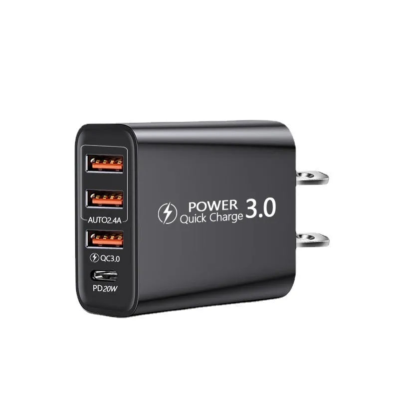 Travel charger with American and European standard plugs, 3USB and Type-C PD ports, in black and white colour options