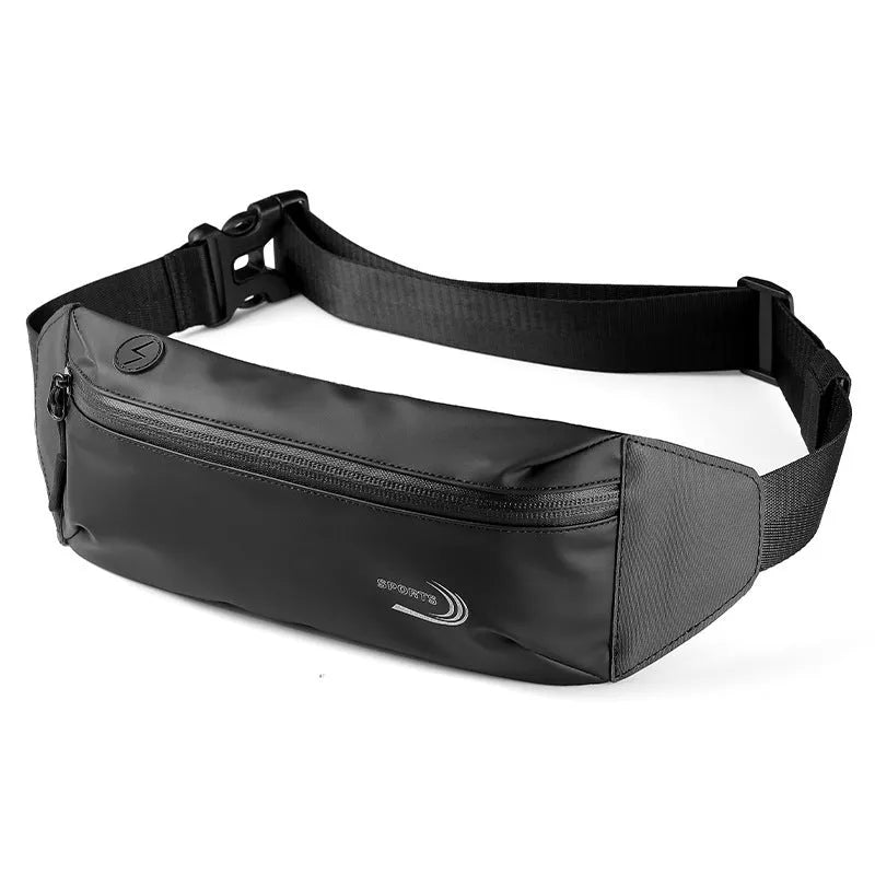 Men's solid-colour waterproof waist bag in Derm Oxford polyester, shown in black, blue, and grey.