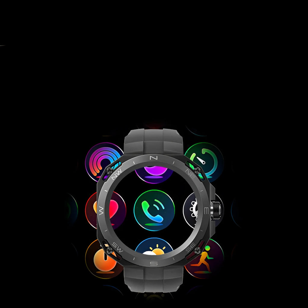 Smart watch with zinc alloy case and silicone band in midnight black, showing voice call and health monitoring features