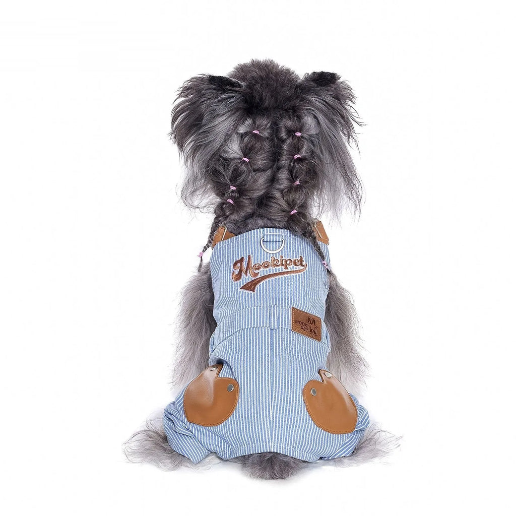 Blue polyester pet traction denim suspender pants for small dogs with adjustable straps