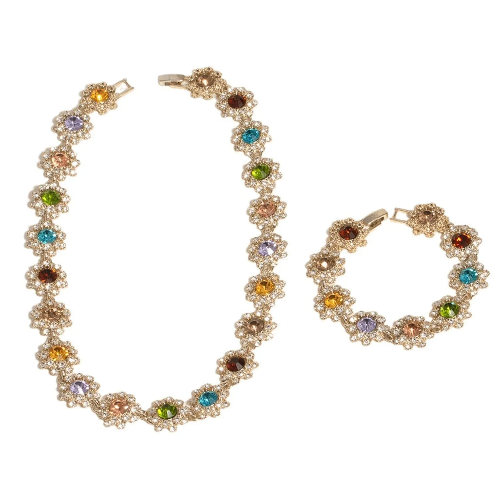 Women's jewellery set with rhinestone necklace, earrings, and bracelet in zinc alloy electroplated finish, geometric design