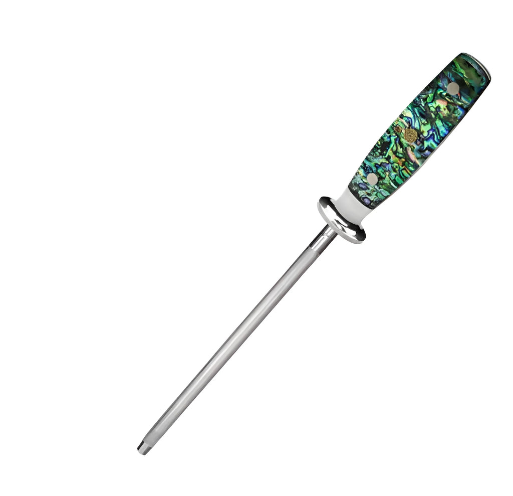 Manual high carbon steel knife sharpener with abalone shell handle.