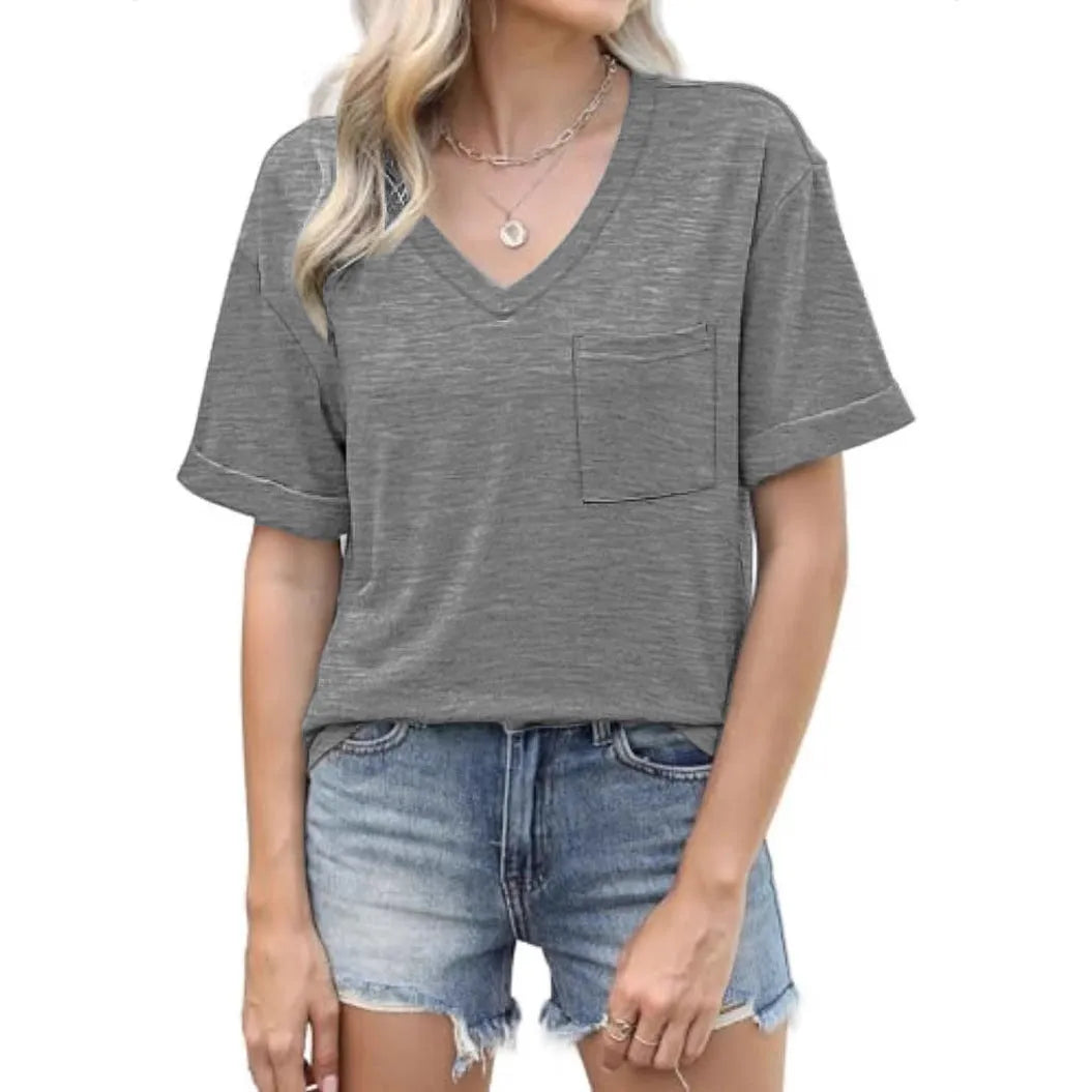 Grey loose fit V-neck T-shirt with a chest pocket on a plain background.