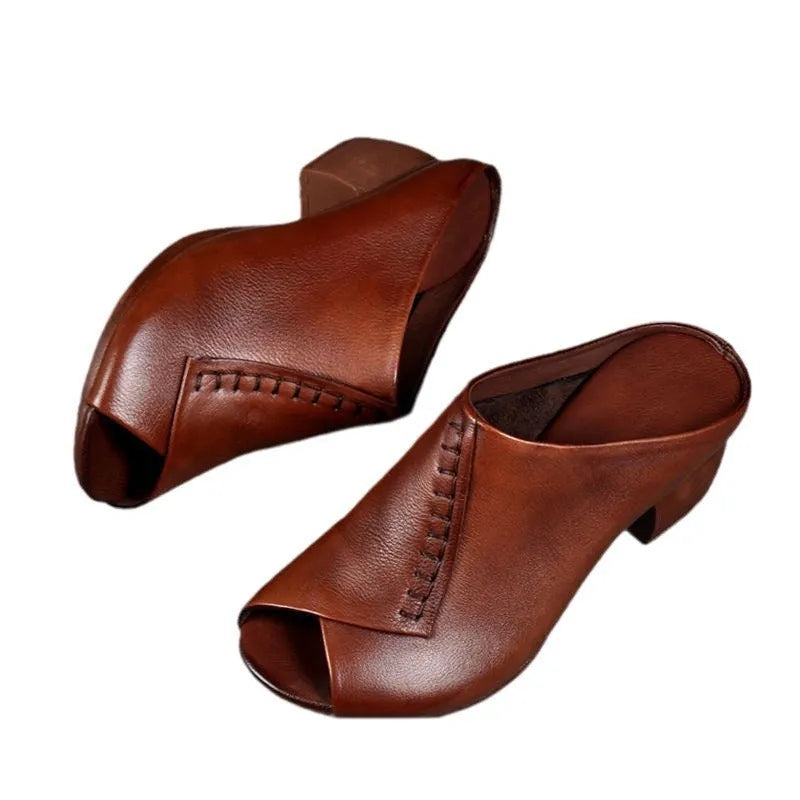 Women's black square heel peep-toe slipper sandals with a fish mouth opening and rubber sole.