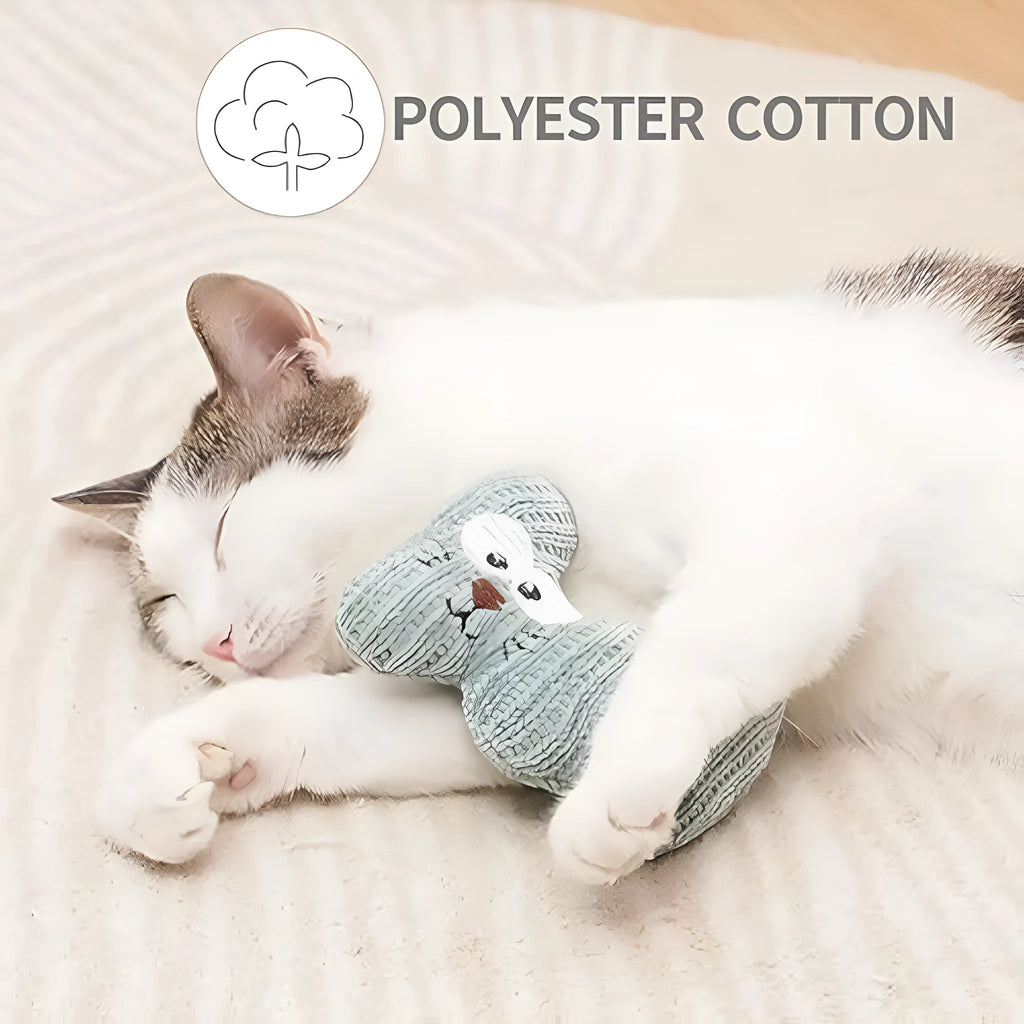 Cyan and light coffee coloured catnip plush rope chew toy with bell for cats on white background
