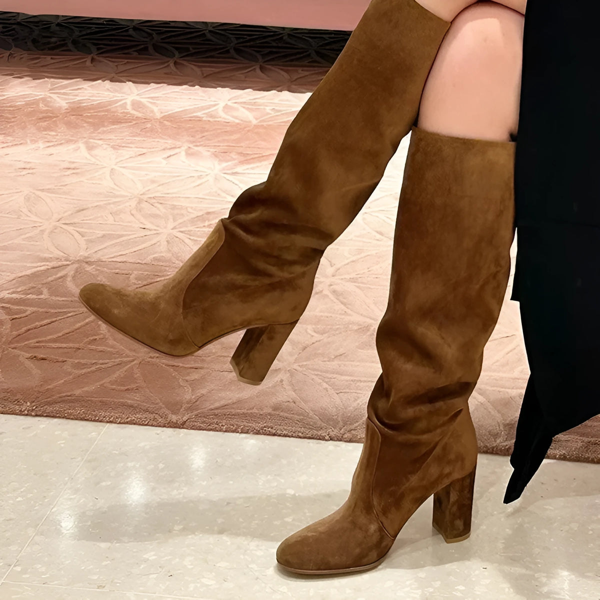 Suede pleated thick heel pointed toe over-the-knee boots in black – high cylinder with oversleeve fit