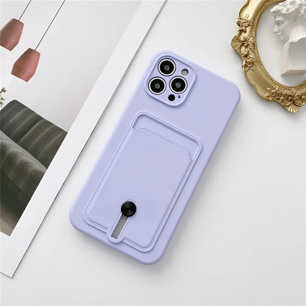 Card holder silicone fine hole phone case for iPhone showing card slot and lanyard loop in black