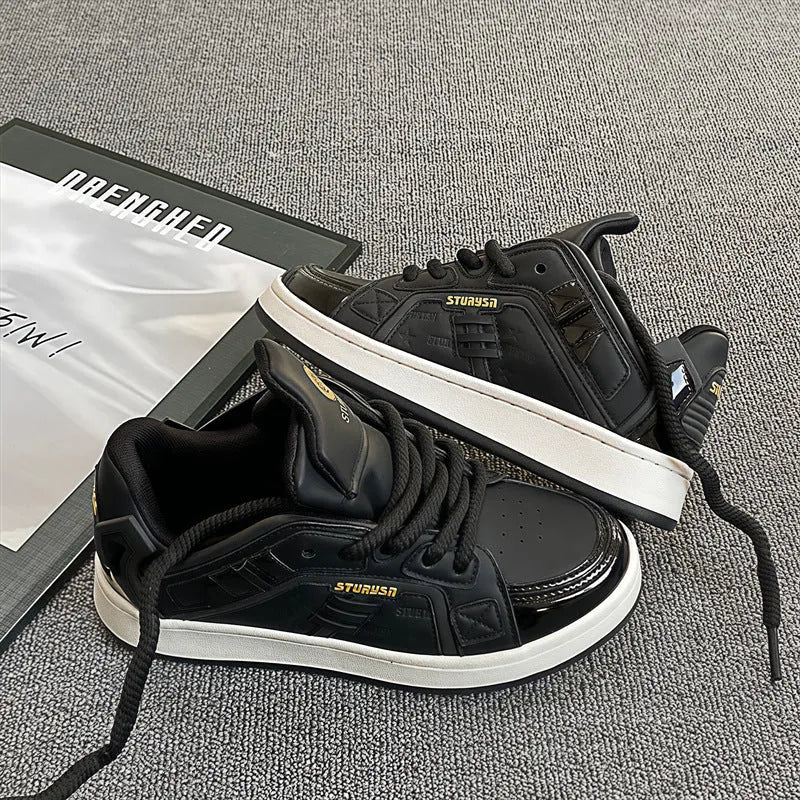 Men's black thick bottom board shoes with PU leather upper and rubber sole on a light background