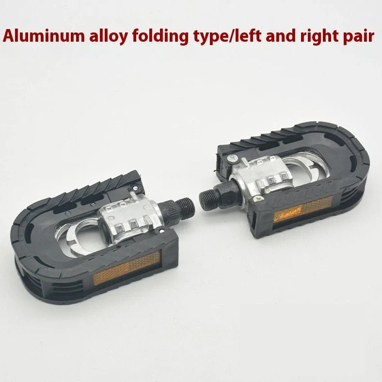 Aluminium alloy folding bike pedals showing extended and folded positions with colour pairing options