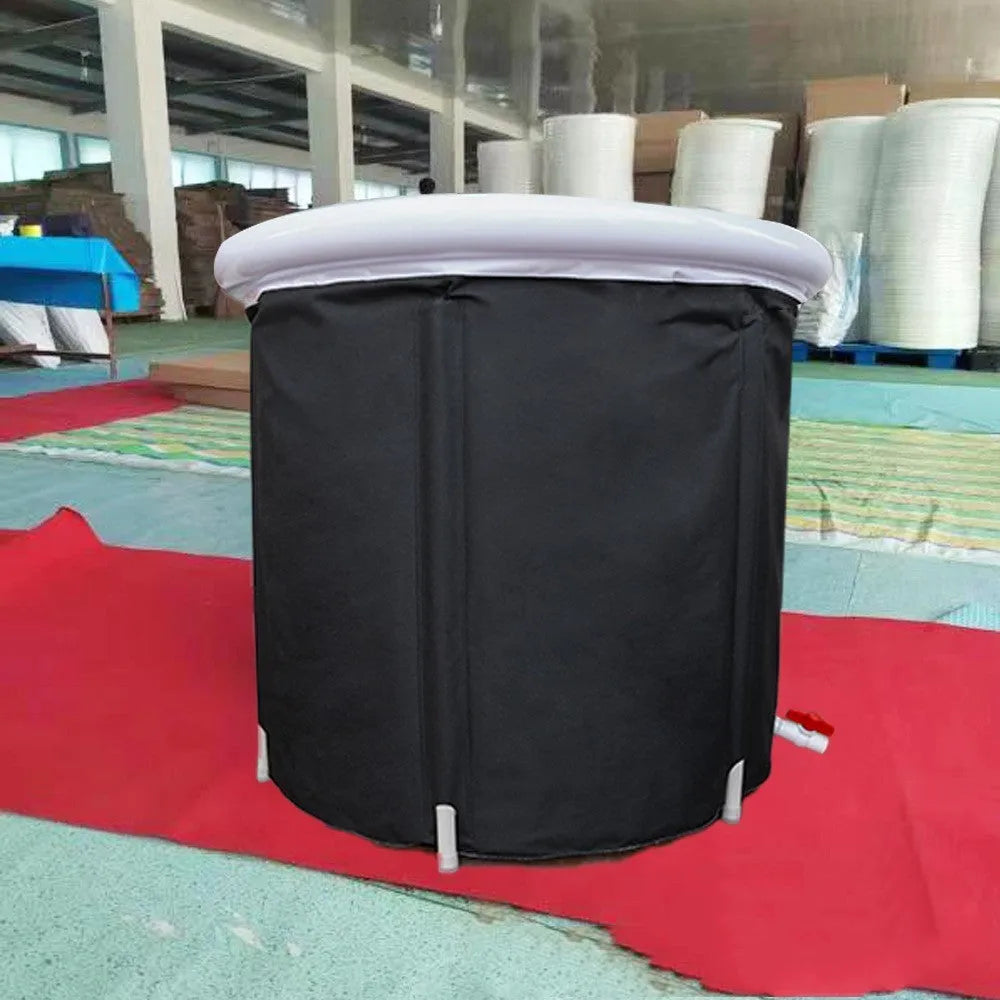 Black inflatable PVC ice bath tub measuring 70x80cm with weather lid and insulation for cold therapy