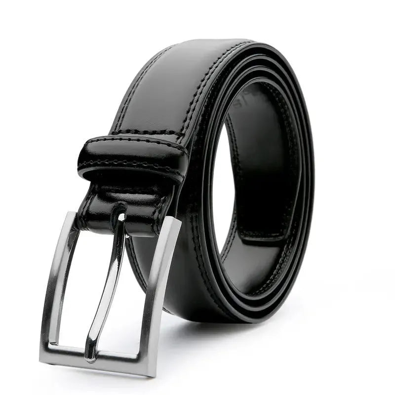 Men's brown genuine leather belt with 95 grain texture and alloy metal buckle laid flat.