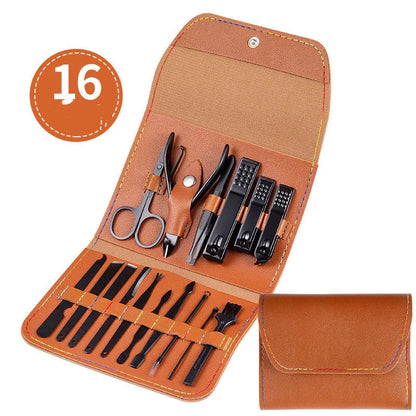 Professional Nail Care Set with stainless steel tools in a leather case