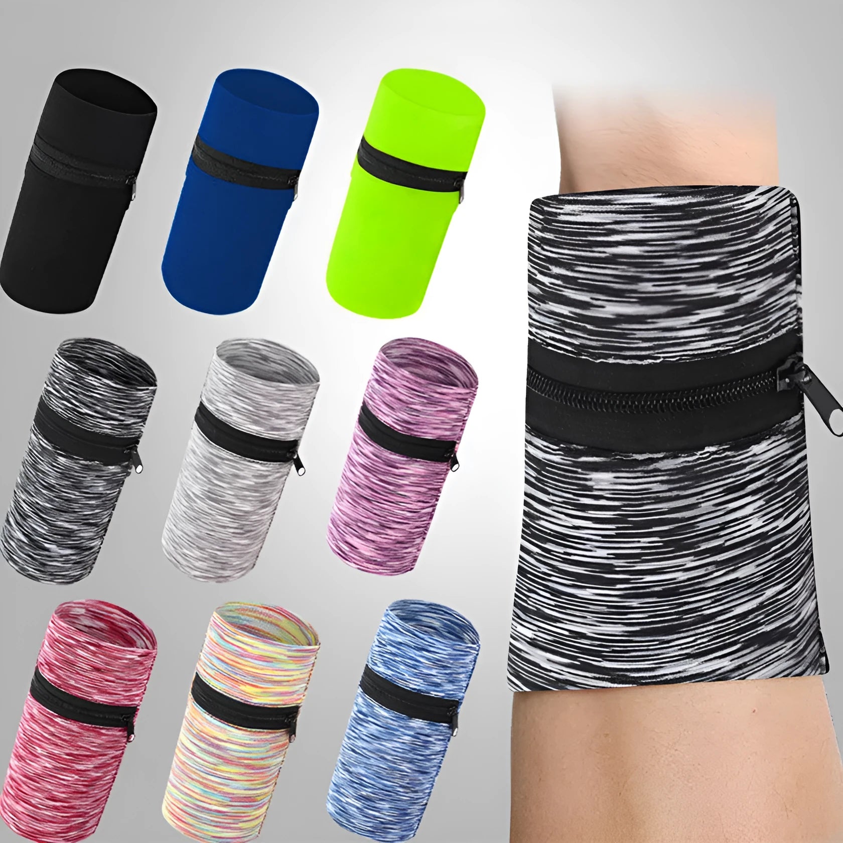 Sports armband phone holder in multiple colours including black, blue, grey, orange, green and striped patterns