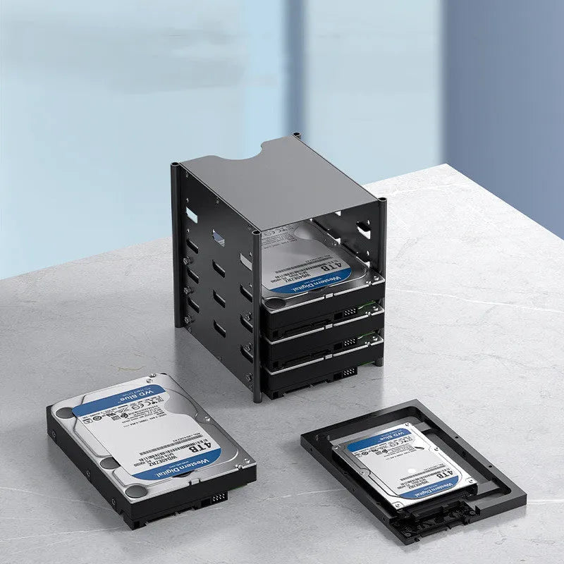 Black metal 5-layer 3.5-inch hard drive storage bracket with screwdriver and screw pack on a desk