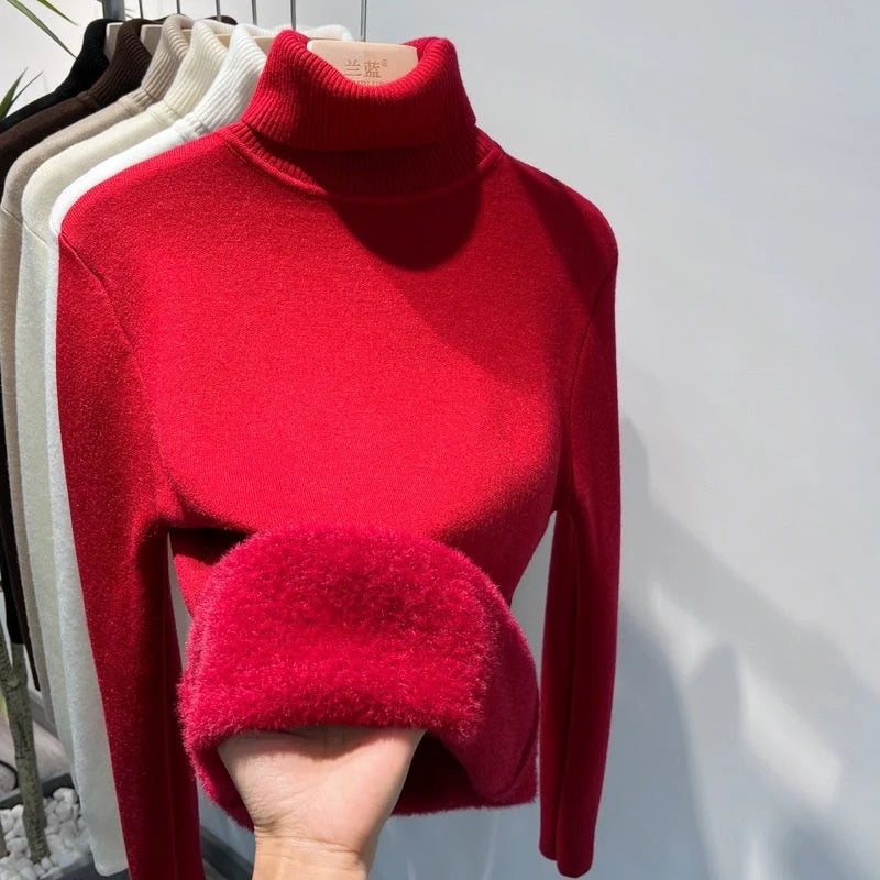 Women's turtle neck winter sweater in various colours, showcasing plush thickening and slim fit