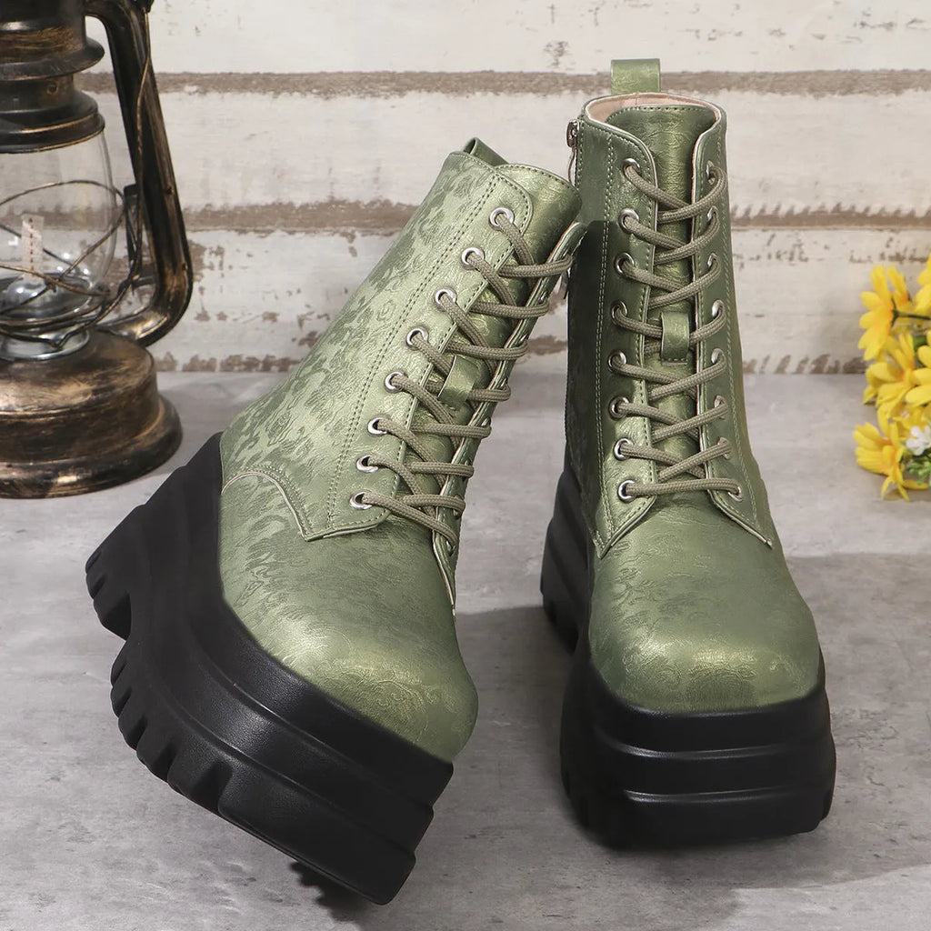 Women's white retro platform boots with patchwork PU upper, chunky heel, and side zipper.