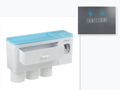 Non-marking hanging magnetic toothbrush holder with toothpaste squeezer in blue and grey