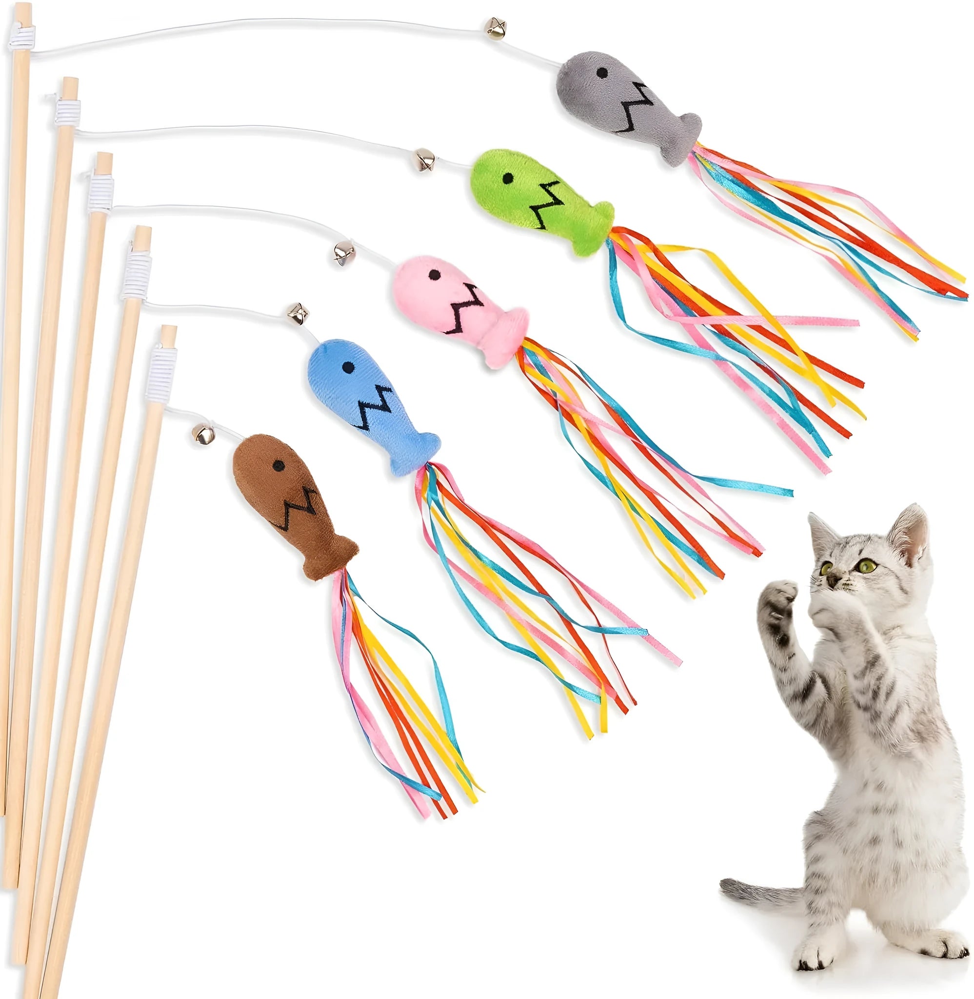Blue cat wand toy with wooden handle, elastic rope, colourful ribbons, bell, and a catnip fish.