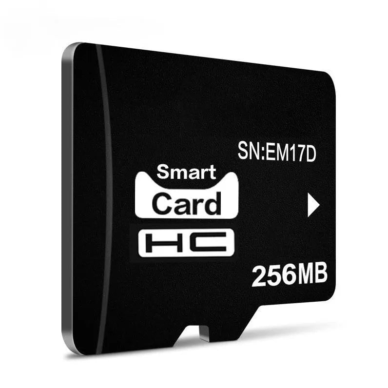 Close-up of a 256MB TF memory card with integrated mini speaker, showing its compact 11x15x1mm dimensions.