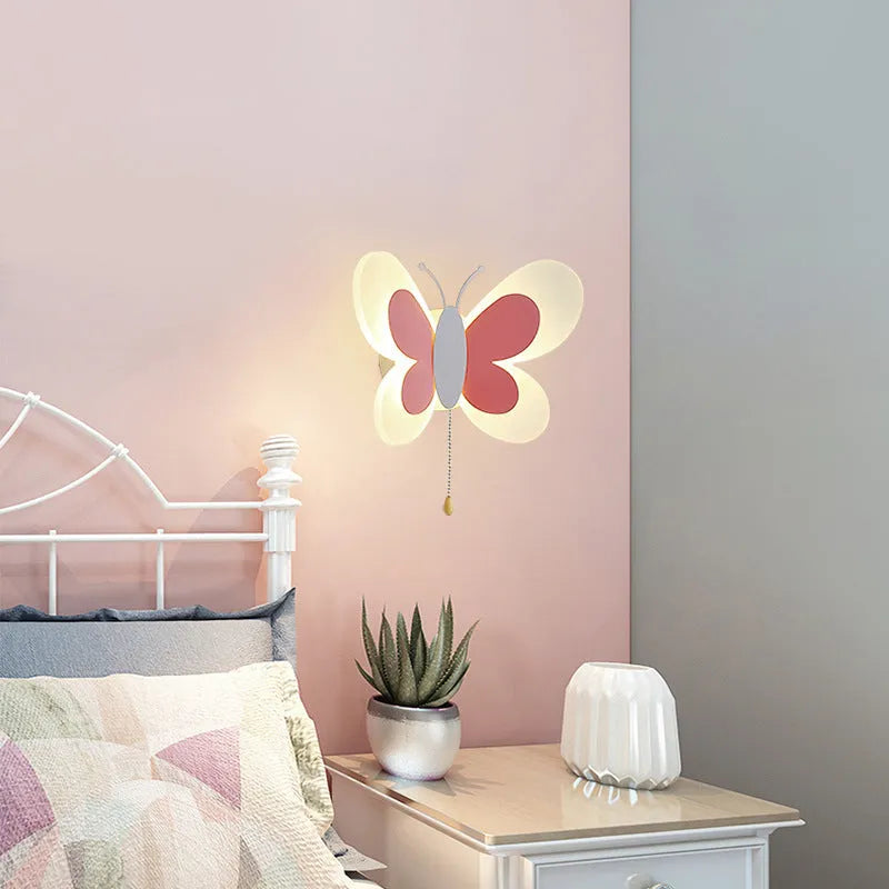 Creative cartoon butterfly acrylic wall lamp for children's bedroom in white and pink colour
