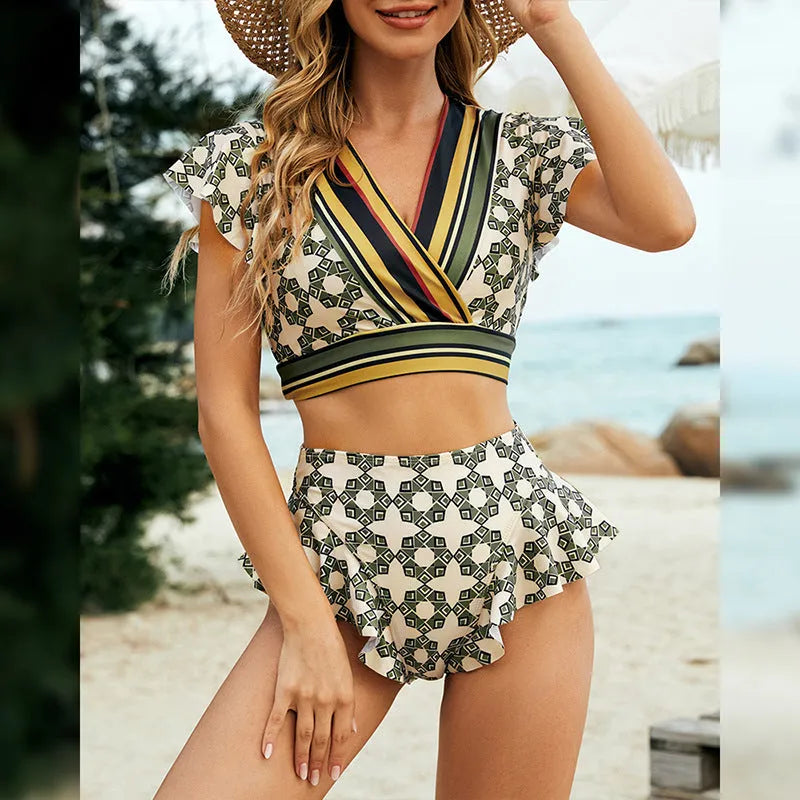 Green flounced backless bikini set with lace-up back and V-neck split top.