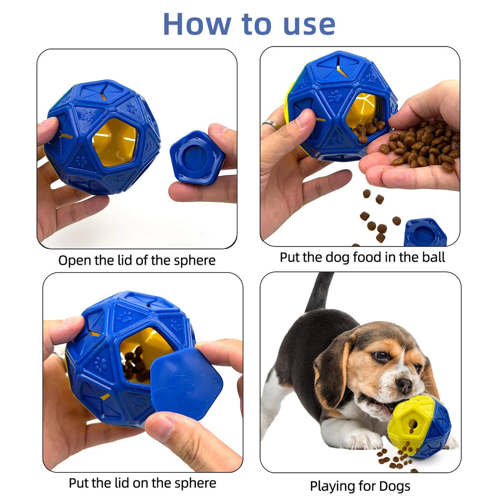 Blue interactive dog puzzle ball with hollow interior for treat dispensing