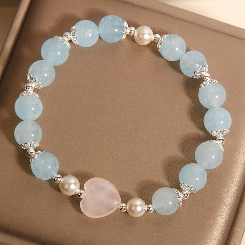 Natural aquamarine crystal bracelet for women with pink crystal and shell pearls, light luxury Japanese Korean style