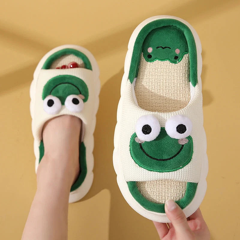 Cartoon cow frog design linen slippers with non-slip PVC sole