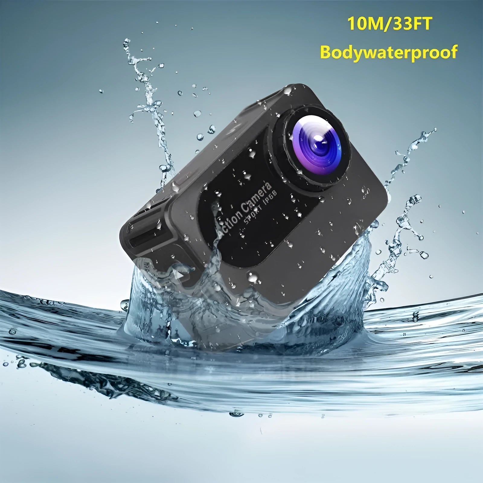 Black outdoor sports action camera tachograph with wide-angle lens, showing compact 66mm by 44mm by 31mm size.