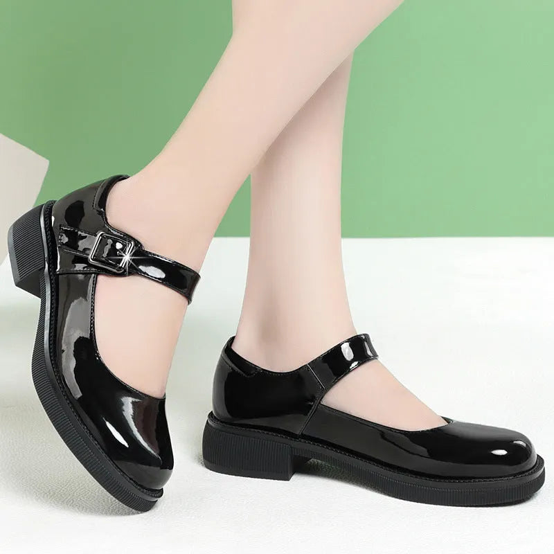 Women's round toe black cow split leather pumps with buckle strap and 3.5cm mid flat heel