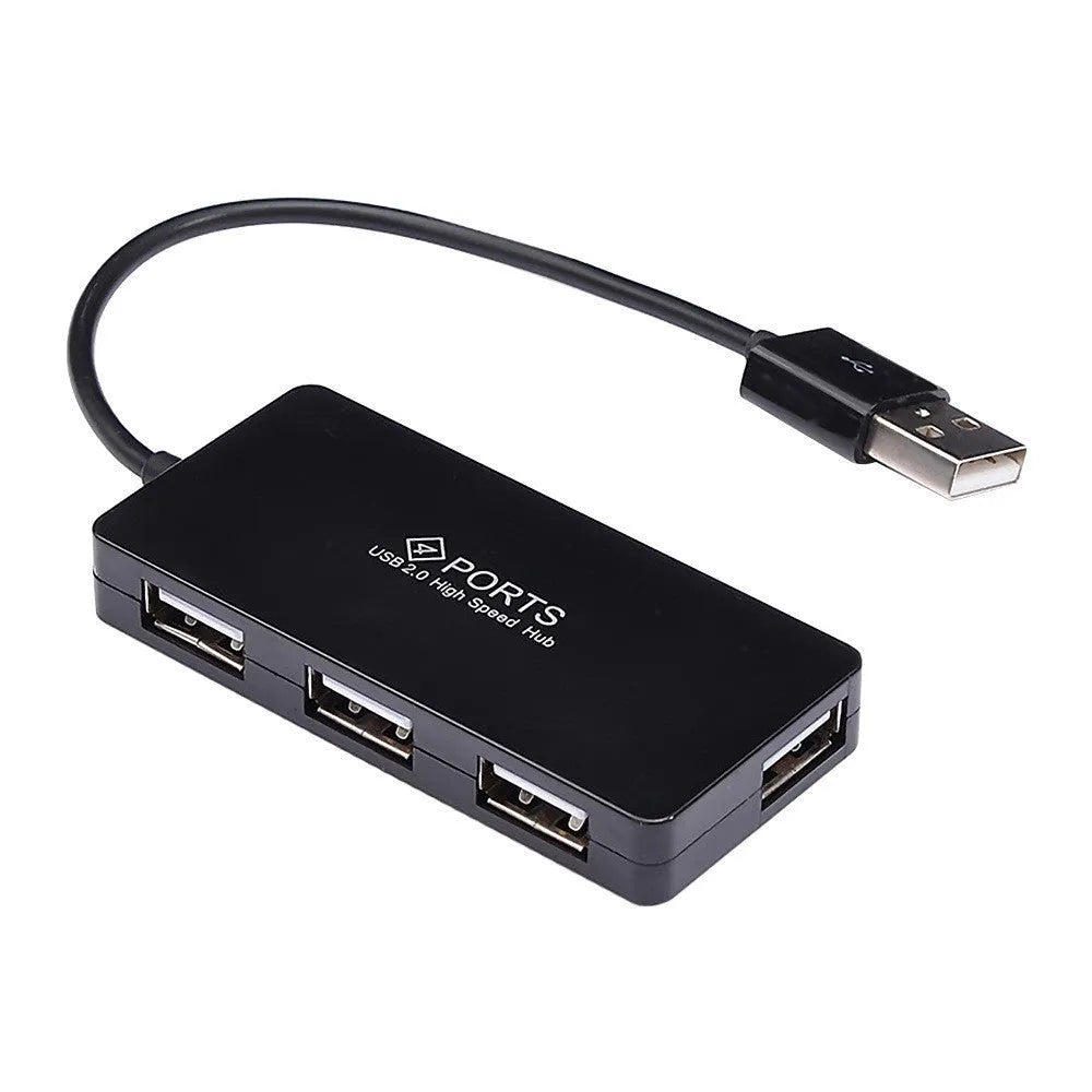 Black USB 2.0 4-port hub with cable and on/off switch on a desk