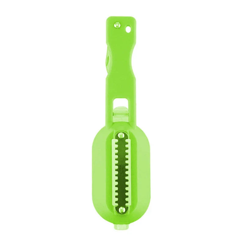 Fish scale scraper in white, green, and blue with hanging hole for easy storage
