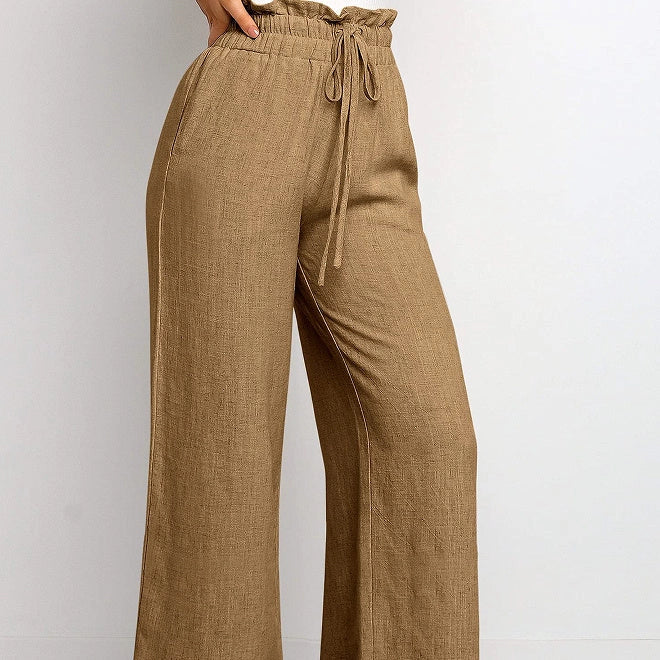 Elastic Waistband Lace-up Wide Leg Cropped Pants in various solid colours