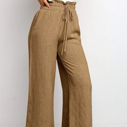 Elastic Waistband Lace-up Wide Leg Cropped Pants in various solid colours