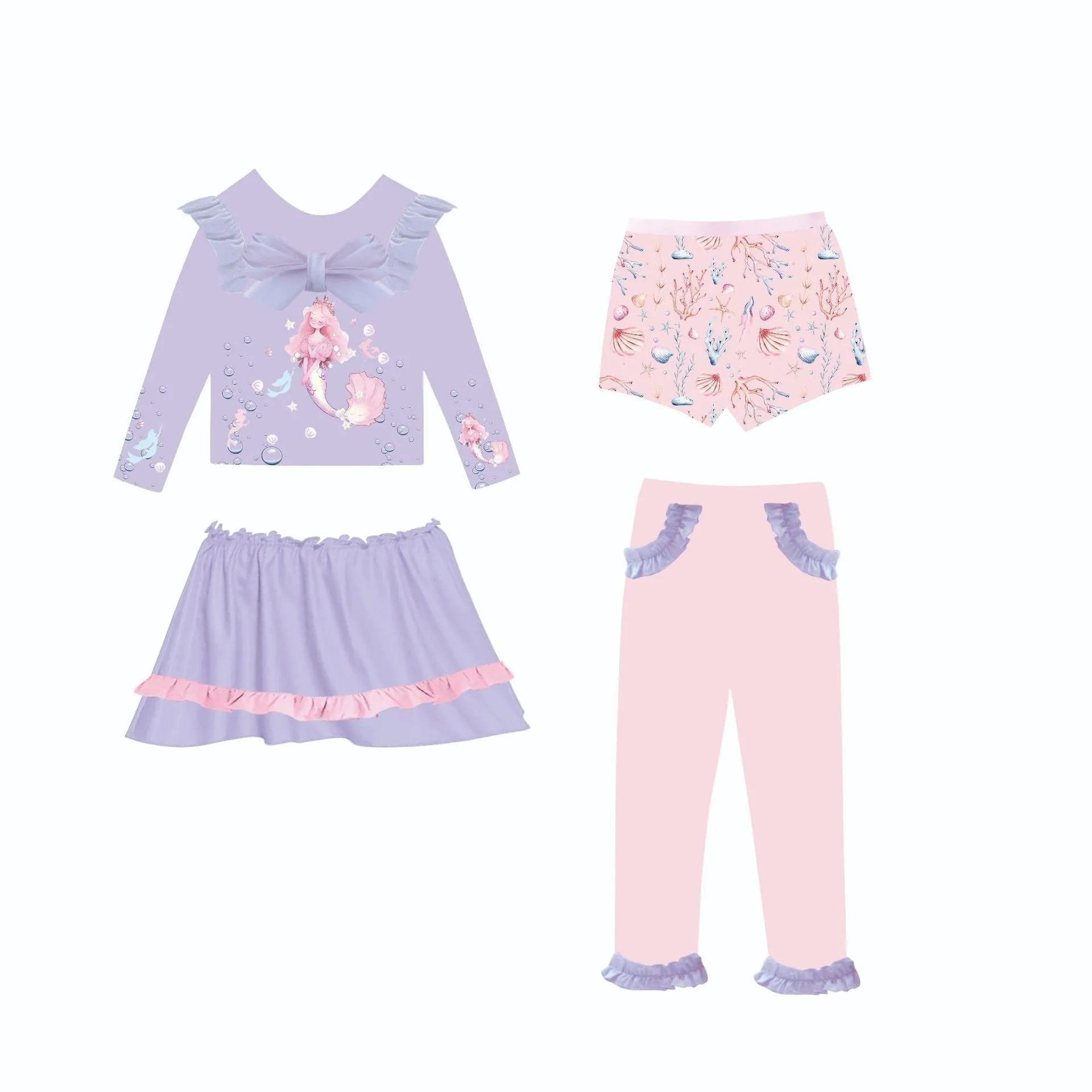 Girl's mermaid swimsuit set showing four pieces in gilded colours with sparkle accents