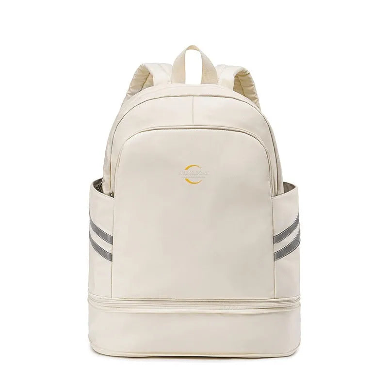 Women's dry wet separation travel backpack in beige with curved shoulder straps showing compartment organisation